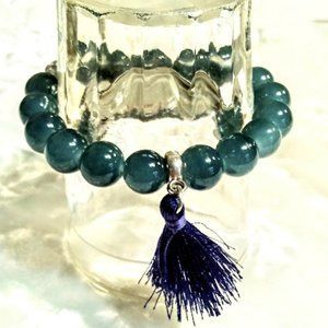 GREEN GLASS BEADED* ELASTIC BRACELET WITH TASSEL*HAND CRAFTED